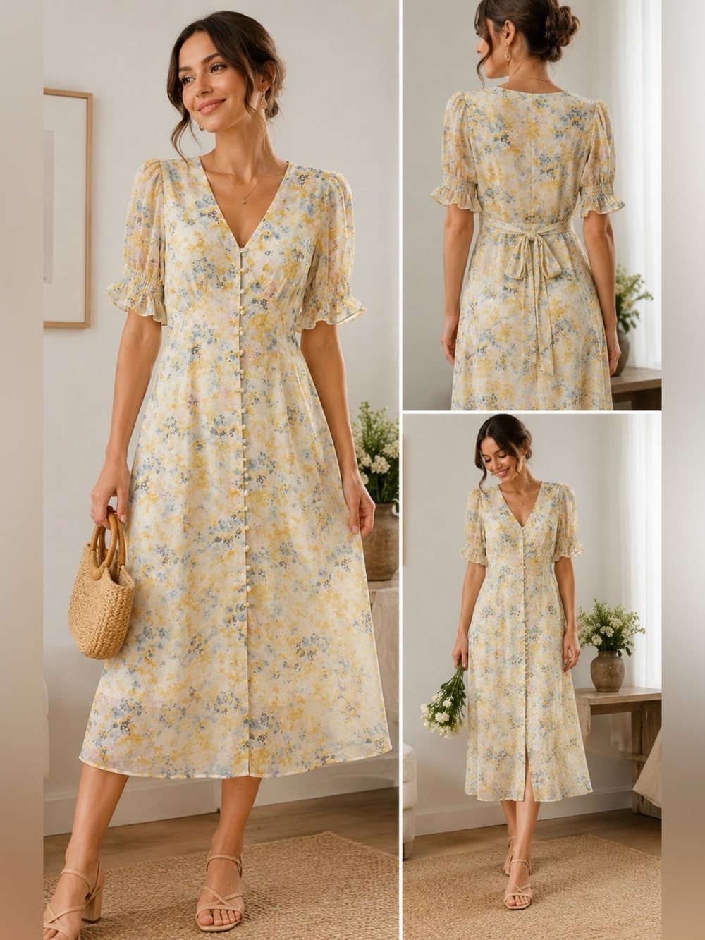 Simple Retro Floral Button Front Midi Dress Size M Yellow Blue Tie Waist